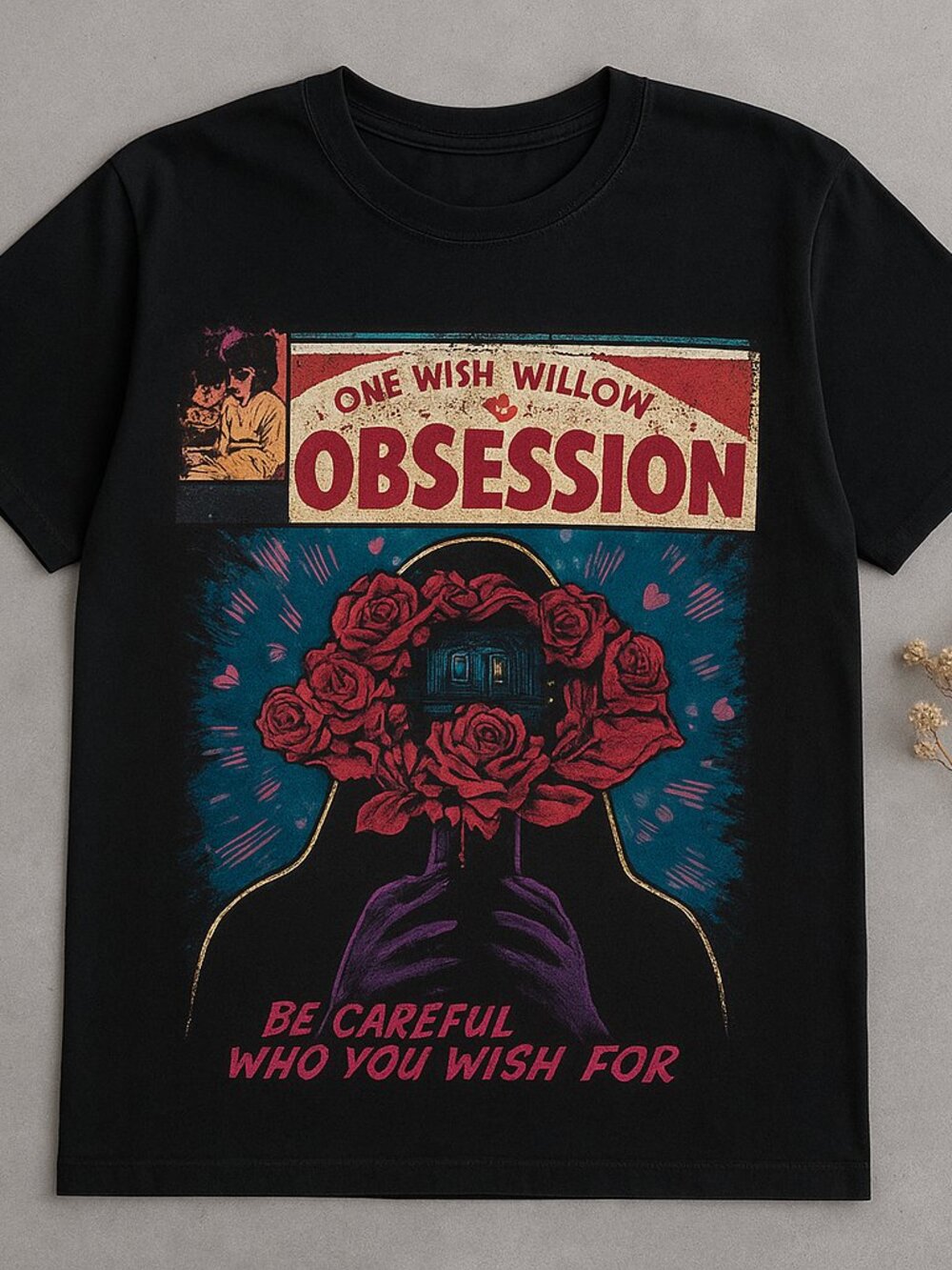 One Wish Willow Obsession Rose Graphic Tee | Black Gothic Vintage Shirt